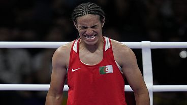 Algeria's Imane Khelif, celebrates after defeating Hungary's Anna Hamori in their women's 66kg quarterfinal boxing match at the 2024 Summer Olympics, Saturday, Aug. 3, 2024.