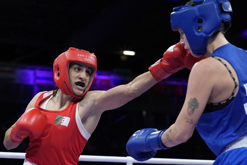 Algeria's Imane Khelif, left, fights Hungary's Anna Hamori in their women's 66kg quarterfinal boxing match at the 2024 Summer Olympics, Saturday, Aug. 3, 2024, in Paris.