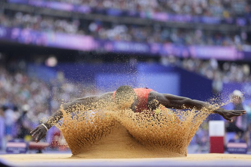 Lindon Victor, of Grenada, makes an attempt in the decathlon long jump at the 2024 Summer Olympics, Friday, Aug. 2, 2024, in Saint-Denis, France. 