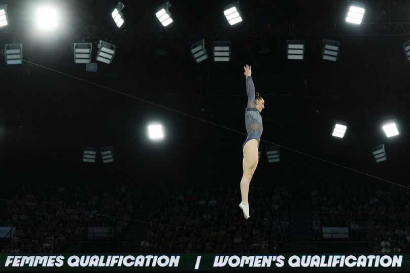 Isabelle Songhurst of Britain competes during the women's trampoline qualification round in Bercy Arena at the 2024 Summer Olympics, Friday, Aug. 2, 2024, in Paris, France.