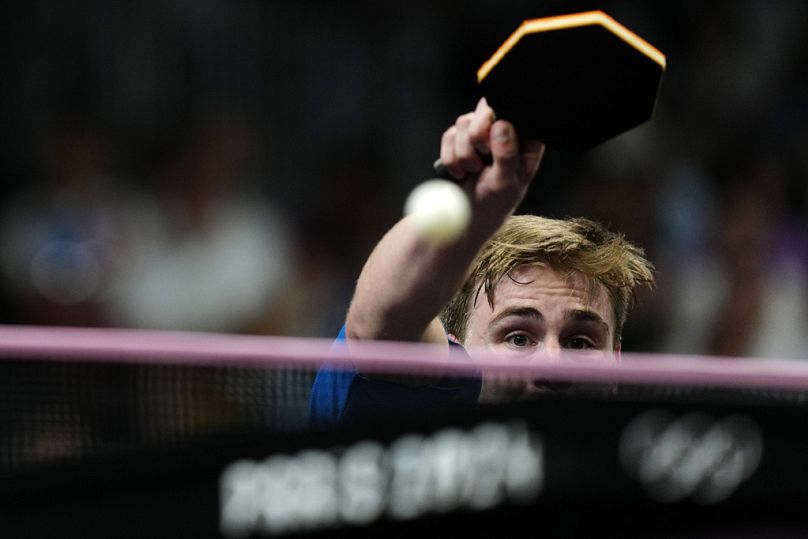 Sweden's Truls Moregard plays against Brazil's Hugo Calderano during a men's singles semifinal table tennis match at the 2024 Summer Olympics, Friday, Aug. 2, 2024, in Paris, 