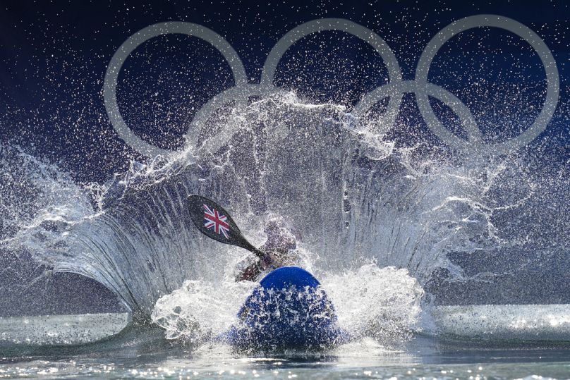 Kimberley Woods of Britain competes in the women's kayak cross time trial at the 2024 Summer Olympics, Friday, Aug. 2, 2024, in Vaires-sur-Marne, France.