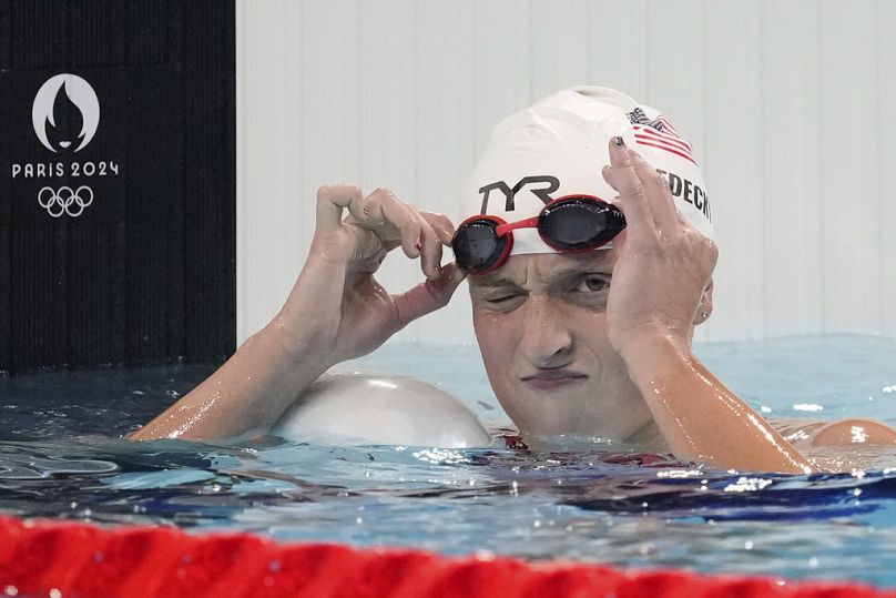 United States' Katie Ledecky wins a women's 800-meter freestyle heat at the Summer Olympics in Nanterre, France, Friday, Aug. 2, 2024.