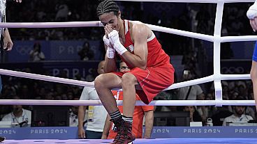 Algeria's Imane Khelif after defeating Hungary's Anna Hamori in quarterfinal boxing match at the 2024 Summer Olympics