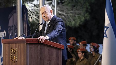 Israeli Prime Minister Benjamin Netanyahu speaks at the state memorial for Ze'ev Jabotinsky, at Mount Herzl Military Cemetery in Jerusalem, Sunday, Aug. 4, 2024