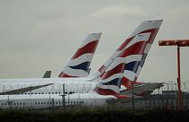 British Airways planes sit parked at Heathrow Airport in London, Monday, Sept. 9, 2019. 