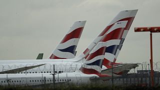 British Airways planes sit parked at Heathrow Airport in London, Monday, Sept. 9, 2019. 