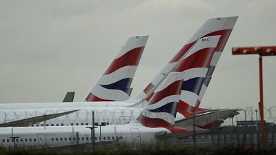 British Airways planes sit parked at Heathrow Airport in London, Monday, Sept. 9, 2019. 