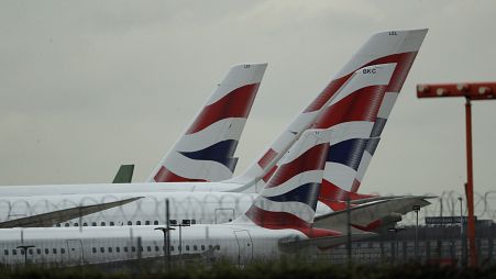British Airways planes sit parked at Heathrow Airport in London, Monday, Sept. 9, 2019. 