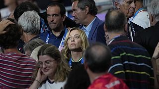 Italy's Prime Minister Giorgia Meloni attends at the women's team foil final match during the 2024 Summer Olympics at the Grand Palais, Aug. 1, 2024, in Paris, France