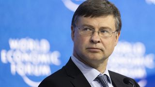 Valdis Dombrovskis attends a session at the 51st annual meeting of the World Economic Forum, WEF, in Davos, Switzerland, Wednesday, May 25, 2022. 