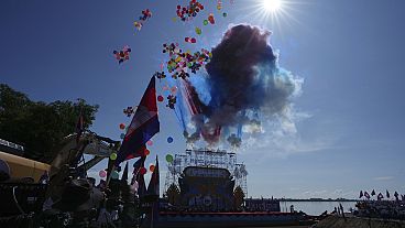 Fireworks during a groundbreaking ceremony of China-funded Funan Techo canal Cambodia, on Monday, Aug. 5, 2024. 