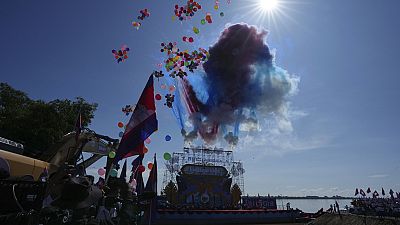 Fireworks during a groundbreaking ceremony of China-funded Funan Techo canal Cambodia, on Monday, Aug. 5, 2024. 