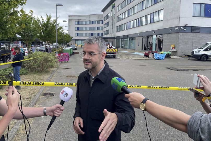 Oliver Coppard, South Yorkshire Mayor, outside a hotel where anti-immigration rioters smashed windows before starting fires on Sunday, in Rotherham, England, August 5, 2024.