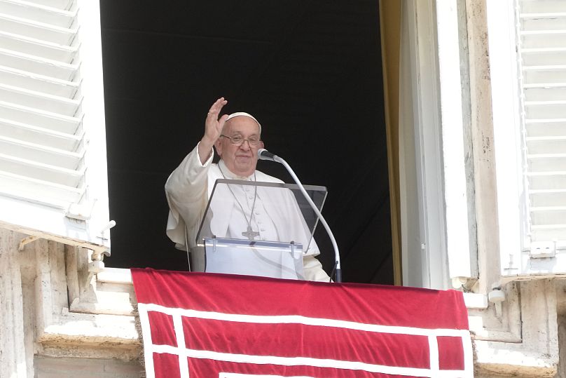 Pope Francis delivers the Angelus noon prayer in St. Peter's Square at the Vatican - Sunday 4 August 2024.