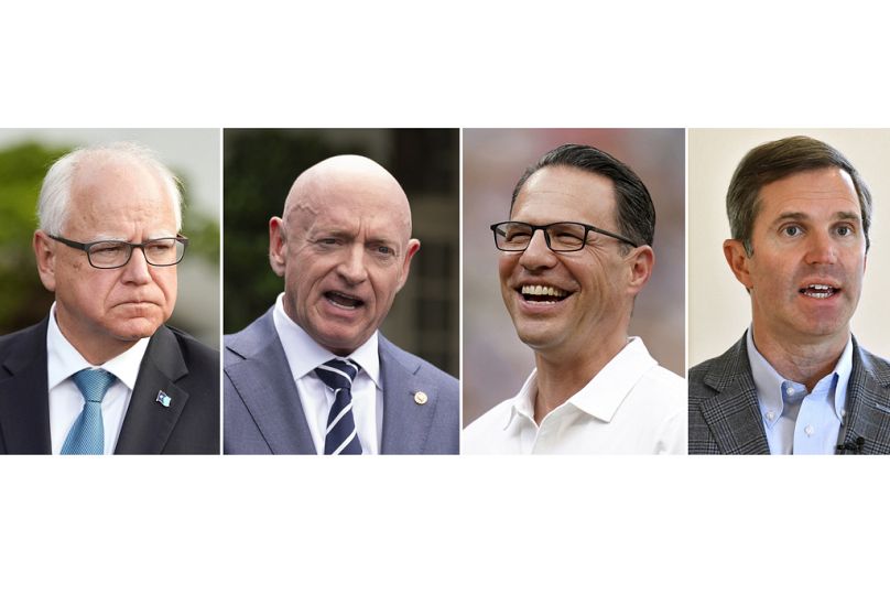 Le gouverneur du Minnesota, Tim Walz, le sénateur Mark Kelly, le gouverneur de Pennsylvanie, Josh Shapiro,  et le gouverneur du Kentucky, Andy Beshear.