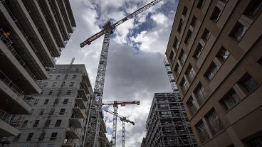 The Olympic athletes' village construction site is pictured during a press tour in Saint Denis, outside Paris, Friday, March 24, 2023. 