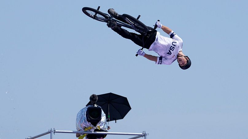 Marcus Christopher, of the United States, performs a trick during the cycling BMX freestyle men's park final at the 2024 Summer Olympics