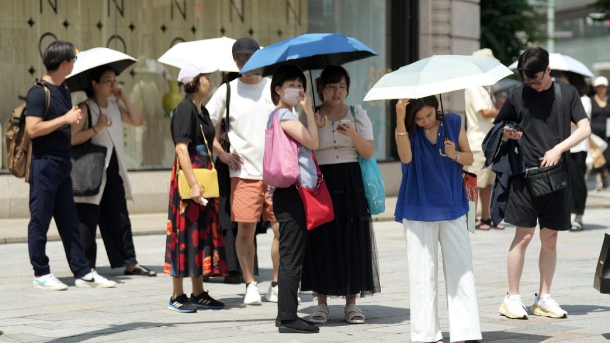 Pedestrian holding parasols stand under an intense sun at Ginza shopping street in Tokyo, on July 8, 2024.