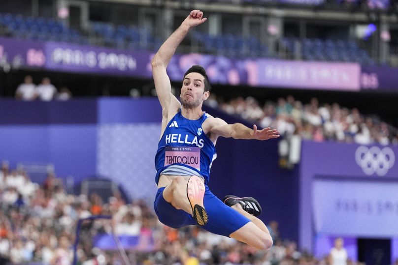 Miltiadis Tentoglou, of Greece, competes during the men's long jump final at the 2024 Summer Olympic