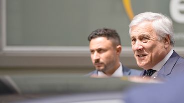 Italy's Foreign Minister Antonio Tajani, right, arrives for a meeting of the EPP party ahead of an EU summit in Brussels, 17 June 2024