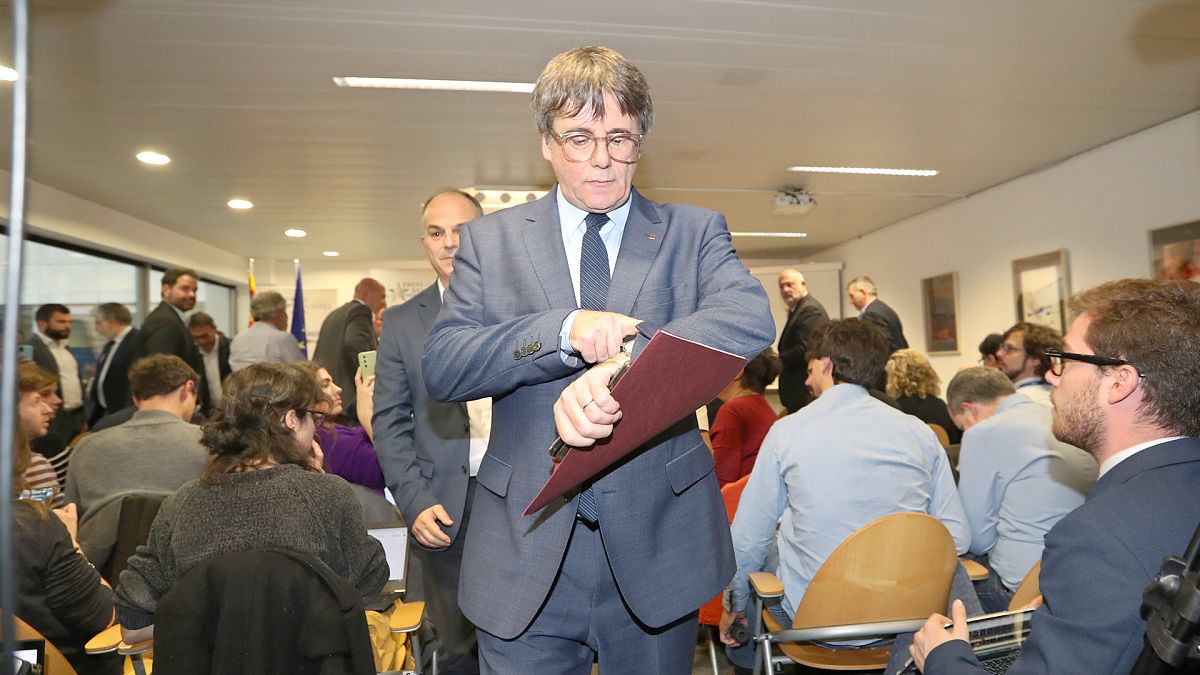 FILE: Carles Puigdemont arrives to give a news conference in Brussels, 9 November 2023