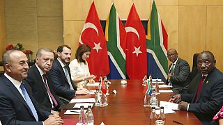 Cumhurbaşkanı Recep Tayyip Erdoğan, BRICS zirvesinde Güney Afrika heyetiyle birlikte, 27 Temmuz 2018 