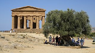 Visitantes admiran el antiguo templo de la Concordia en el Valle de los Templos, Agrigento, Sicilia, Italia, el jueves 18 de julio de 2024.