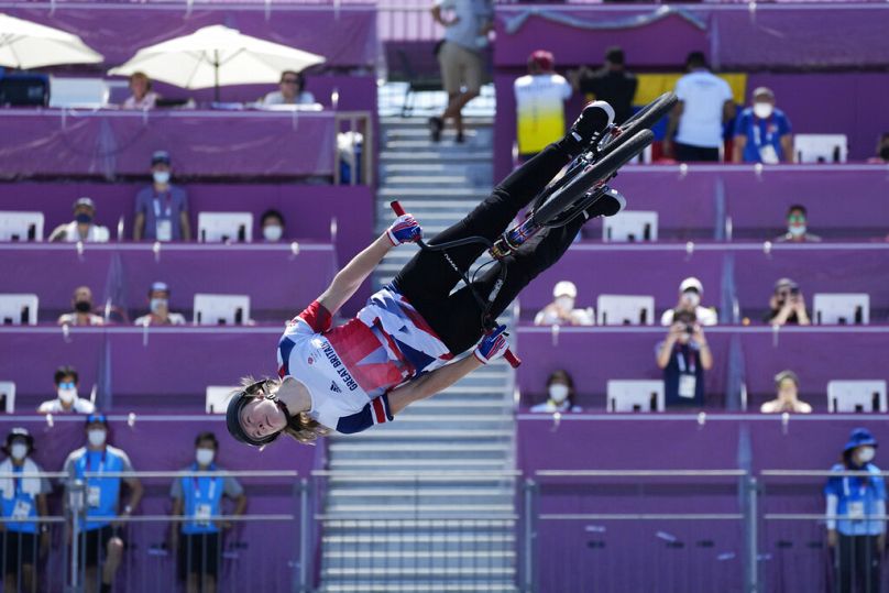 Charlotte Worthington of Britain competes in the women's BMX freestyle final at the 2020 Summer Olympics