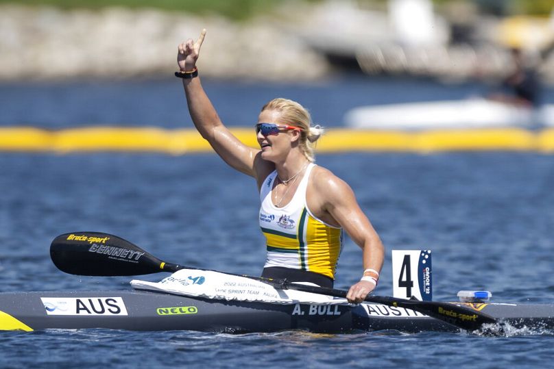 Alyssa Bull, of Australia, reacts after winning gold in the K1 women's 1000-meter during the ICF Canoe Sprint and Paracanoe World Championships in Dartmouth, Nova Scotia