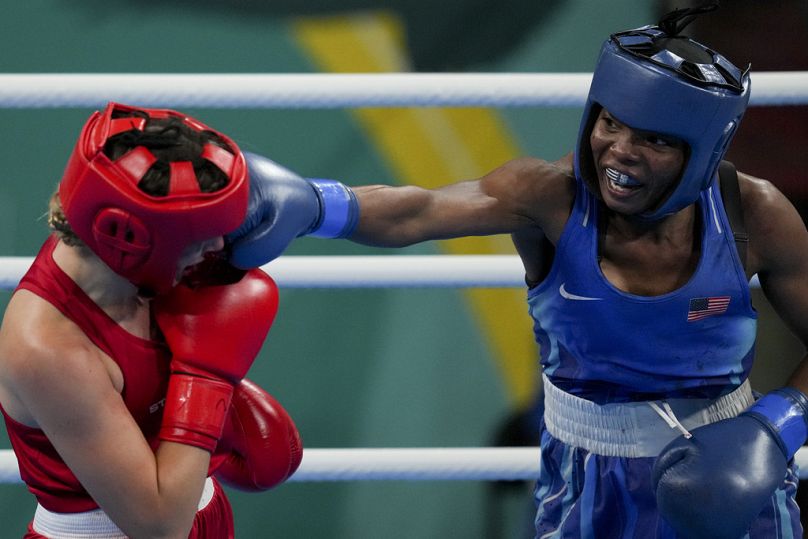  Morelle Mccane (right) fights in a women's 66kg semifinal boxing bout at the Pan American Games in Santiago, Chile,