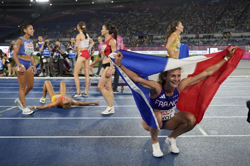 Alice Finot, of France celebrates after winning the gold medal in the women's 3000 meters steeplechase final at the European Athletics Championships in Rome, Sunday, June 9.