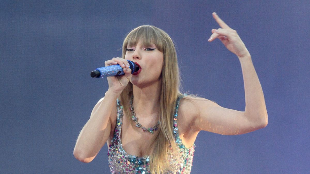 Taylor Swift performs at San Siro stadium in Milan, Italy, for her Eras Tour concert, Saturday, July 13, 2024.