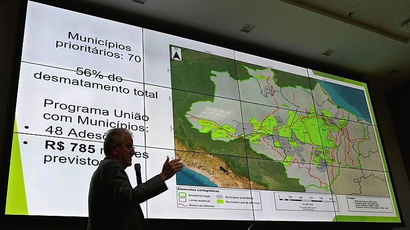 Environment Ministry Executive Secretary Joao Paulo Capobianco presents Amazon and Cerrado deforestation data at the ministry headquarters in Brasilia, Brazil, 7 August 2024. 