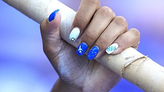 Eleni-Klaoudia Polak, of Greece, prepares for the women's pole vault qualification at the 2024 Summer Olympics.