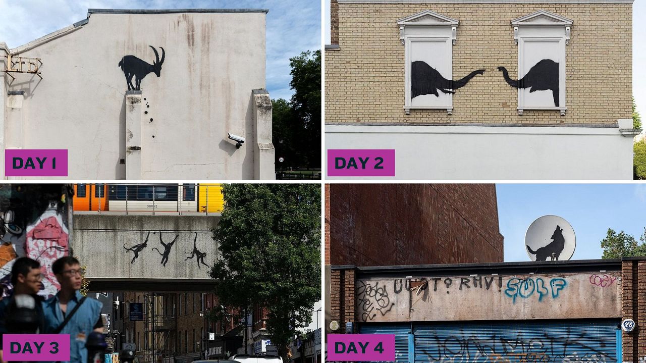 Banksy has unveiled four animal-themed artworks around London this week, one on each day.