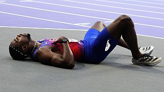 US sprinter Noah Lyles after the men's 200-m race at the Paris Olympics, 08/08/2024