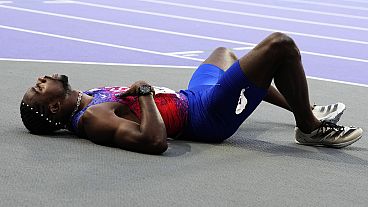 L'athlète américain Noah Lyles après la finale du 200 mètres masculin aux Jeux Olympiques de Paris, le 8 août 2024.