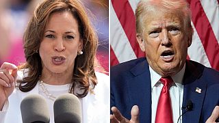 This combination of photos shows Vice President Kamala Harris, left, on Aug. 7, 2024 and Republican presidential candidate former President Donald Trump on July 31, 2024.