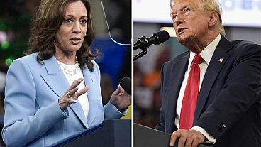 Vice President Kamala Harris on July 30, 2024, left, and Republican presidential candidate former President Donald Trump on Aug. 3.