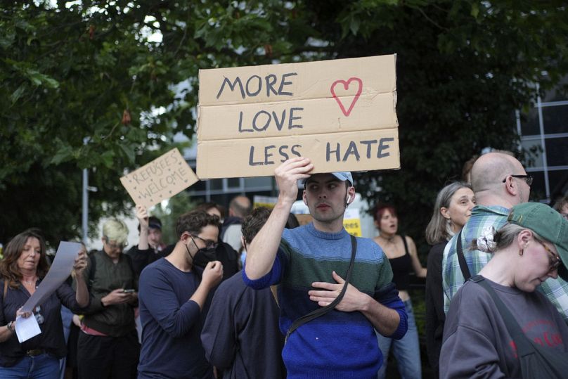 Counter protestors gather in Brentford, London, Wednesday Aug. 7, 2024