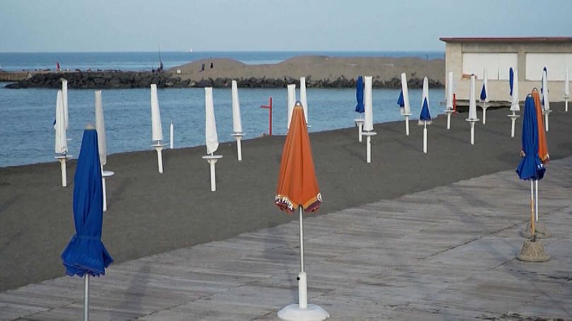 Closed parasols at Ostia beach, Italy, on Friday August 9, 2024. 