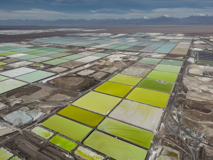 Pools of brine turn into lithium at the SQM mine in the San Pedro de Atacama desert, April 2023