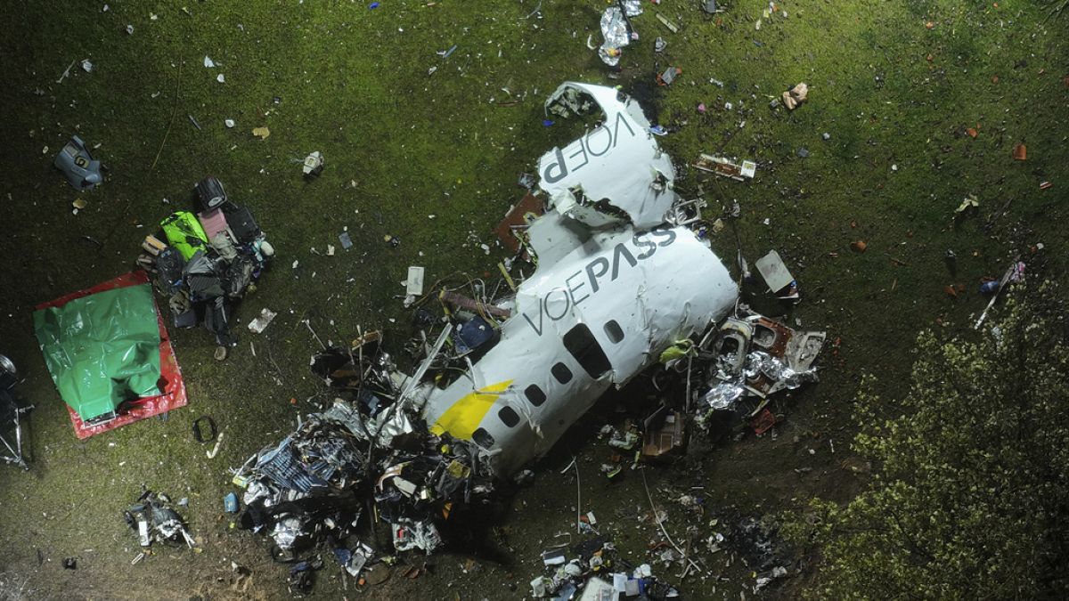 The debris at the site where an airplane crashed with 61 people on board, in Vinhedo, Sao Paulo state, Brazil, early on Saturday, Aug. 10, 2024.