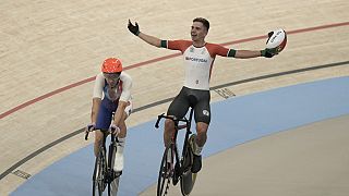 Portugal's Rui Oliveira celebrates winning the gold medal of the men's madison event