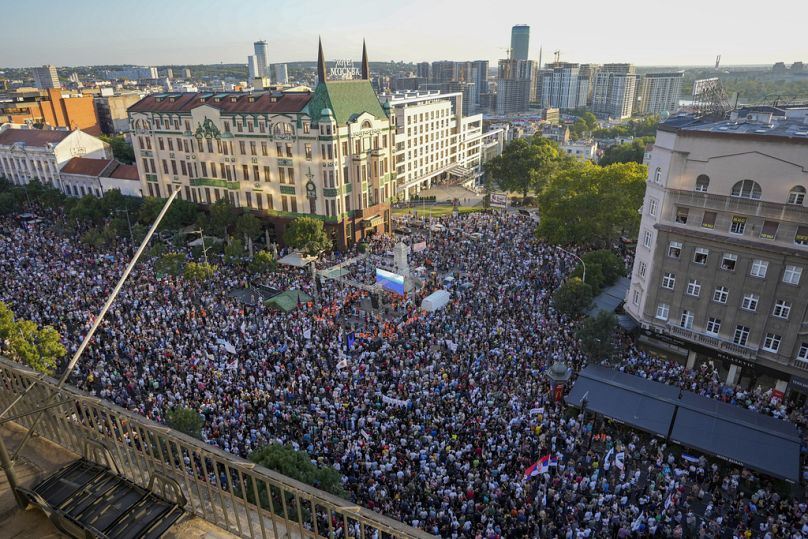 People attend a protest against pollution and the exploitation of a lithium mine in the country in Belgrade, Serbia on Saturday