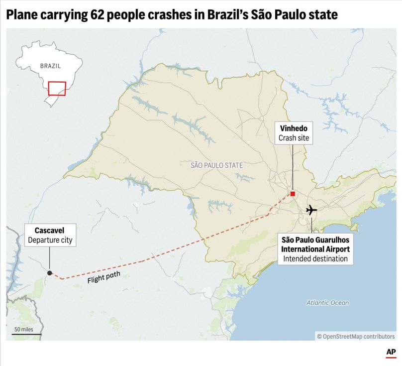 Mapa de localização com os locais de partida, destino e queda de um avião comercial brasileiro que se despenhou na sexta-feira