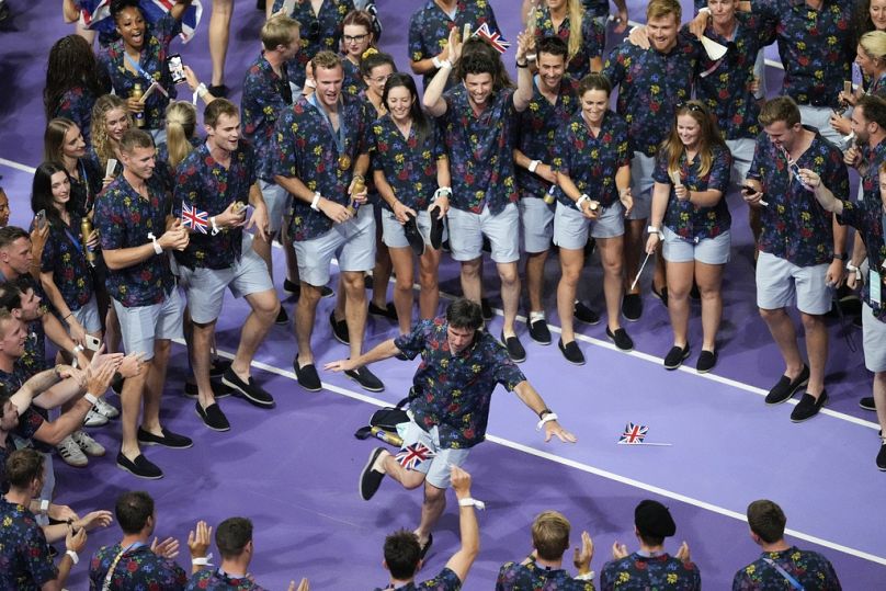 British athletes react during the 2024 Summer Olympics closing ceremony at the Stade de France, Sunday, Aug. 11, 2024, in Saint-Denis, France