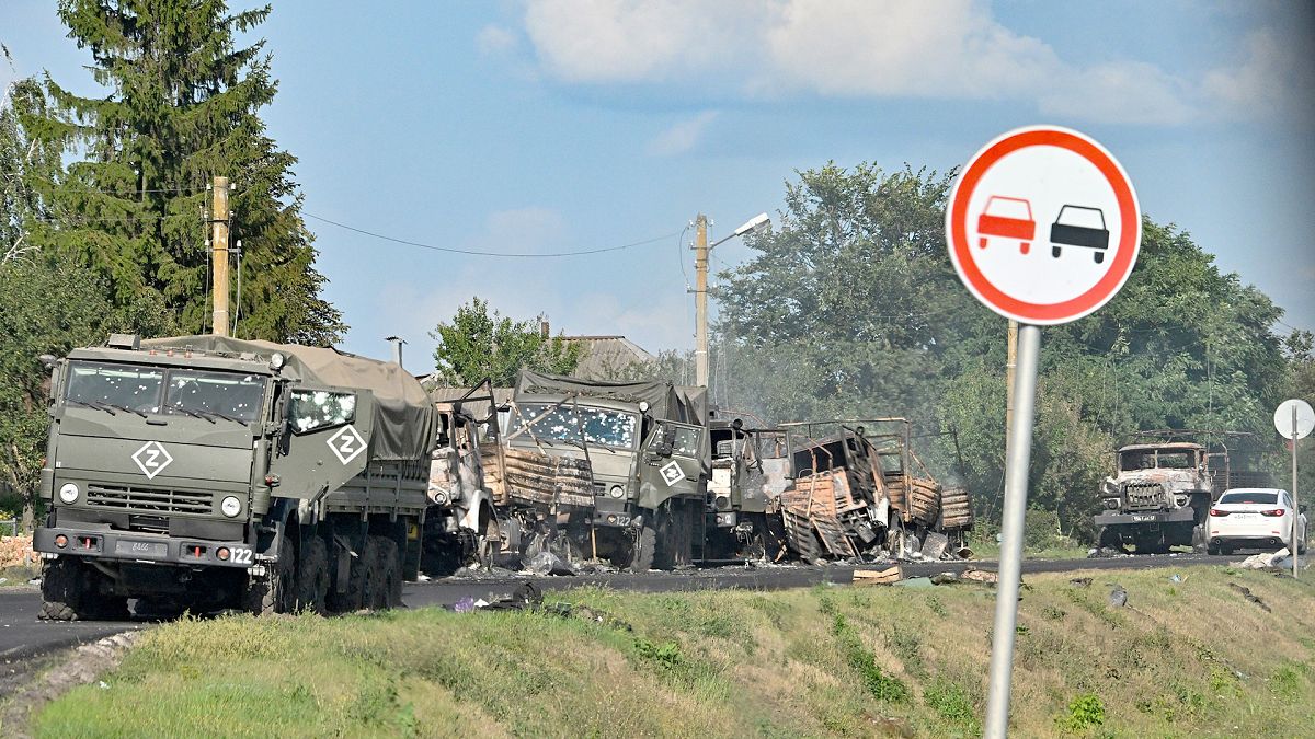 the column of Russian Army trucks damaged by shelling by the Ukrainian Armed Forces on the highway in the Sudzhansky district, Kursk region of Russia, 9 August 2024