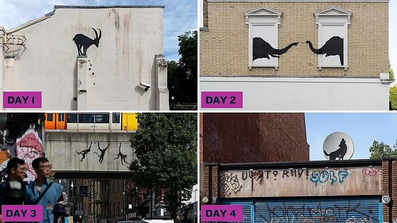 The first four artworks that began Banksy's animal-themed London series